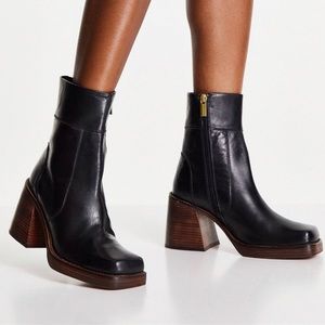 Chunky Square toed-leather boots with wooden heel